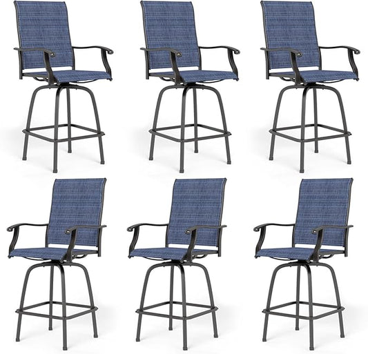 PHI VILLA Outdoor Swivel Bar Stools Set of 6, Bar Height Patio Chairs Furniture with All Weather Textilene Fabric, 30" High Top Bar Chairs for Porch, Blue