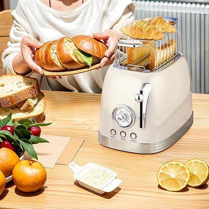 Beige Cute Retro Toaster 2 Slice with 1.58" Wide Slots, Bread toaster with Cover and Warm Rack, Stainless Steel Toaster with Removable Crumb Tray, Preheat, Defrost, Cancel Function (Cream)