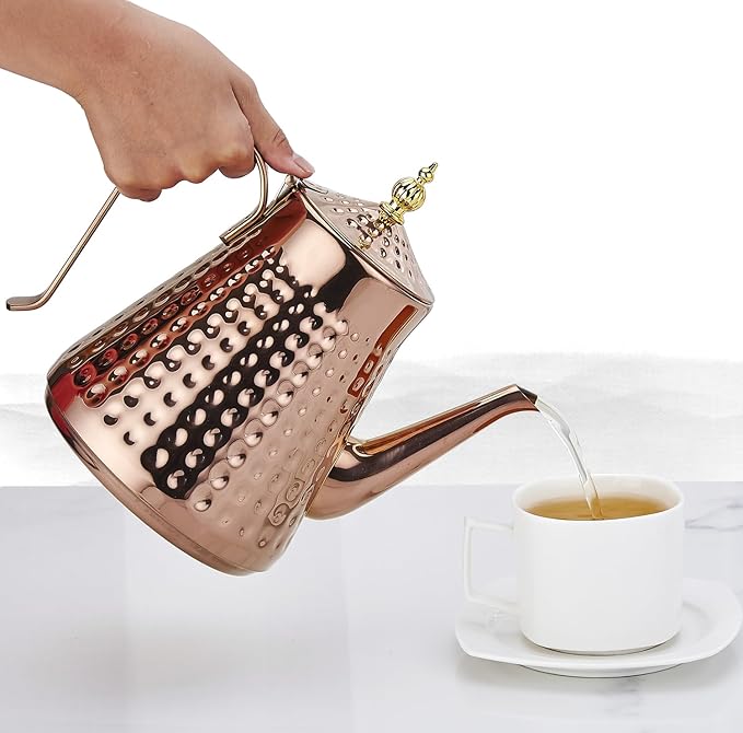 SANQIAHOME 1.6L(54oz) Stainless Steel Hammer Patterned Teapot With Removeable Infuser,Loose leaf cover,Copper