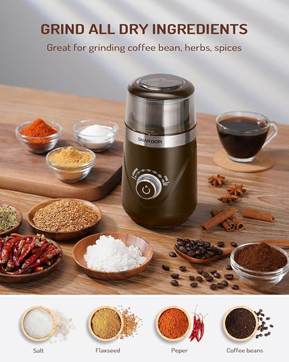 SHARDOR Electric Super Silent Blade Coffee Grinder, Timed Grind Control Rotary Knob, Adjustable Coarse to Fine for Coffee Beans, Spices & Herbs, with 1 Removable Stainless Steel Bowl, Brown