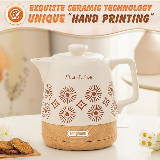 Ceramic Electric Kettle Pot 1.1 Quart, Boiling Water boiler, Teapot Automatic Shut-Off, BPA-Free, Rapid Boil For Coffee & Tea, Boil-Dry Protection, 1000W