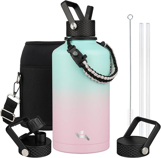 Insulated Water Bottle with Straw,87 oz 3 Lids Water Jug with Carrying Bag,Paracord Handle,Double Wall Vacuum Stainless Steel Metal Flask,Gum