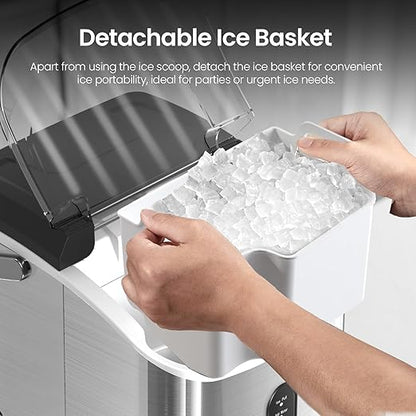 Nugget Ice Maker Countertop with Self-Cleaning Function, Sonic Ice Machine with Handle, Compact Design for Home Use(Stainless Steel Silver)