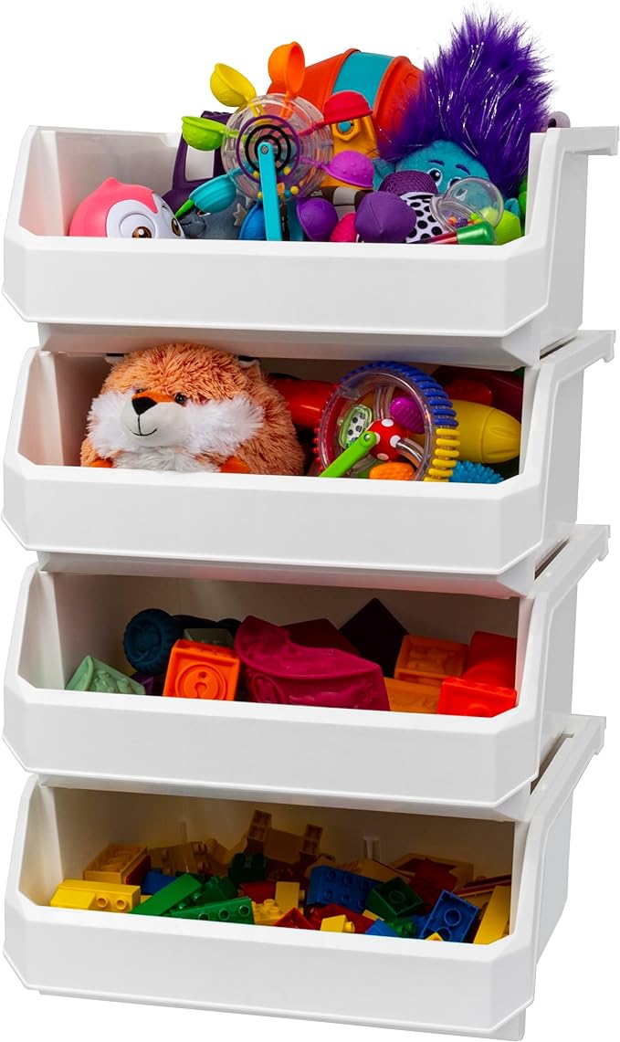 Plastic Containers for Organizing and Storage Bins for Closet, Kitchen, Office, Garage or Pantry Organization, Stackable Bins, Extra Large (14.8" x 16.5" x 7"), 4-Pack, White