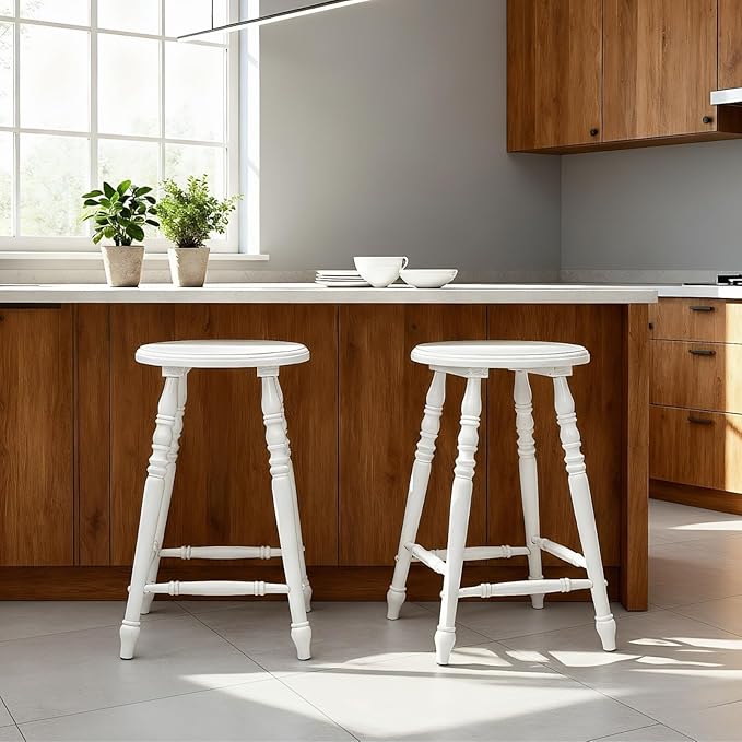 chairus 24" White Backless Counter Height Bar Stools Set of 4, Farmhouse Wooden Counter Stools with Round Seat & Turned Legs, Rustic Vintage Colonial Short Bar Chairs for Kitchen Island