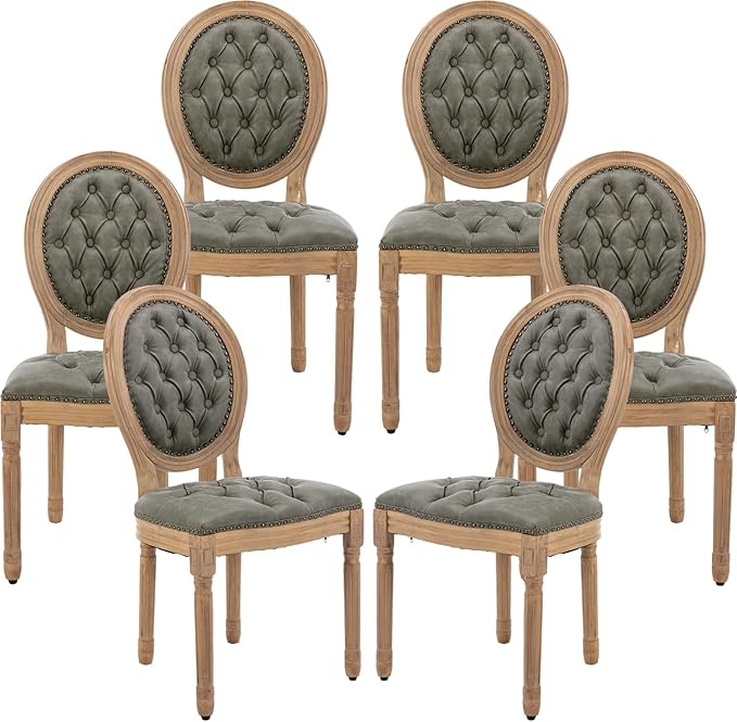 Vintage French Country Dining Chairs Set of 6, PU Leather Dining Chairs with Solid Wood Legs, Upholstered Dining Chair, Sillas para Comedor, Kitchen & Dining Room Chair (Olive Green, PU, 6Pcs)