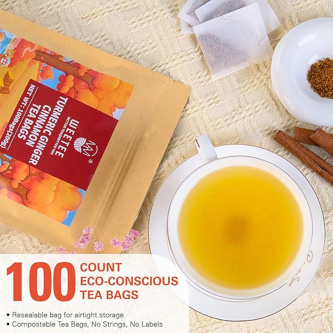 WT WEETEE Turmeric Ginger Cinnamon Tea Bags, Warm & Spicy Turmeric Ginger Herbal Blend Tea, Rich in Antioxidant, Natural Ingredients, Caffeine-free