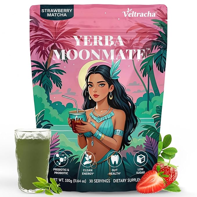 Yerba Mate Instant Tea Powder, 4-in-1 Functional Yerba Extract with Prebiotics & Probiotics, Low Sugar Clean Energy Drink for Focus, Gut Health & Reduce Brain Fog, Strawberry Matcha - 30 Servings