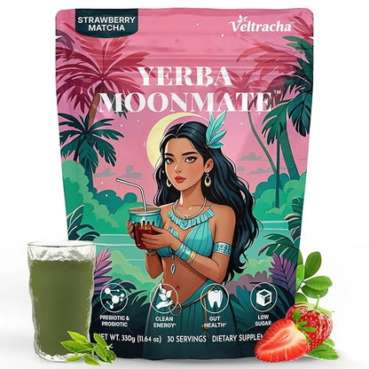Yerba Mate Instant Tea Powder, 4-in-1 Functional Yerba Extract with Prebiotics & Probiotics, Low Sugar Clean Energy Drink for Focus, Gut Health & Reduce Brain Fog, Strawberry Matcha - 30 Servings