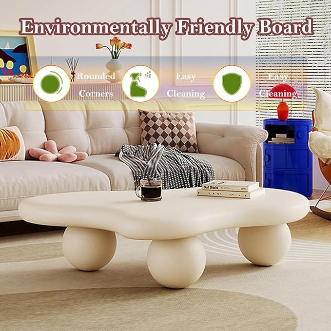 Irregular Cloud Coffee Table with 3 Stable Durable Ball Legs Asymmetrical Chic Low Center Table - Spacious Table for Cups Snacks Fruits Photo (F-47.24in)