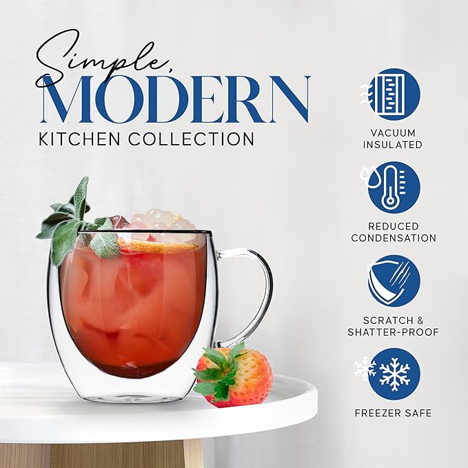 Kitchables Double Walled Glass Coffee Mugs Set of 4, 8oz - Insulated Glass Coffee Mugs for Cappuccino, Latte, Tea, Espresso - Latte Cup - Tazas Para Cafe