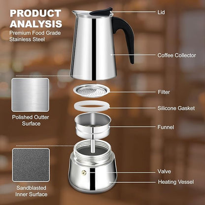 12 Cup Stovetop Espresso Maker Stainless Steel Moka Pot Stove Top Percolator Italian Coffee Makers Capable Mocha Greca Machine Cafe Classic Induction Cookers for Home and Camping 600ml 20oz