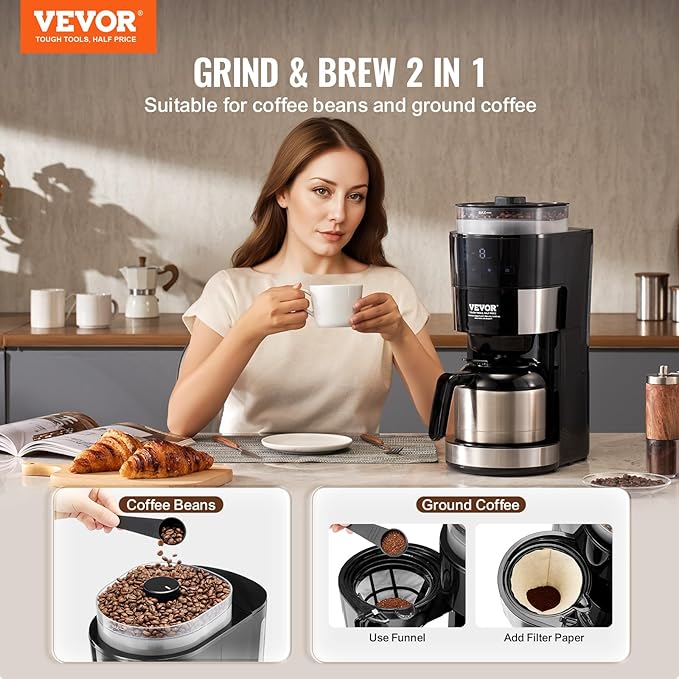 VEVOR Coffee Maker with Grinder, 8 Cup Programmable Coffee Machine, Grind and Brew Coffee Maker with 3 Brew Strength Control, Reusable Filter, Removable Water Tank, for Home Office Restaurant
