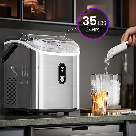 Kismile Nugget Ice Makers Countertop, Portable Sonic Ice Machine with Self-Cleaning/One-Click Operation for Home/Office(Silver)