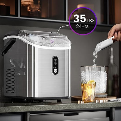 Kismile Nugget Ice Makers Countertop, Portable Sonic Ice Machine with Self-Cleaning/One-Click Operation for Home/Office(Silver)