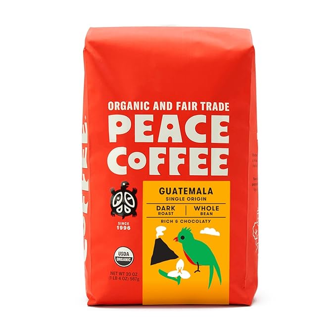 Peace Coffee Guatemala Single Origin Coffee | 20 oz Whole Bean Dark Roast | Organic Fair Trade | Rich, Chocolatey Flavor | Shade Grown, Fresh Roasted