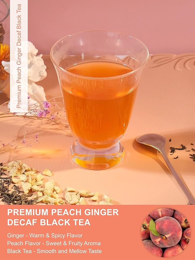 TeeLux Decaf Peach Ginger Black Tea, Decaffeinated Black Tea Flavored with Spicy Ginger & Peach Flavor, Smooth & Full-Bodied, 100 Count
