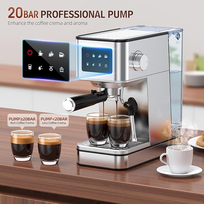 Espresso Machine with Milk Frother, 20 Bar Compact Espresso Maker with Touch Screen & 57.5oz Removable Water Tank for Home, Stainless Steel Coffee Machine for Cappuccino, Latte, Silver(updated)
