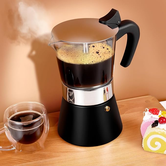 Induction Moka Pot, 9 Cups (15.9 oz) Crystal Glass-Top & Stainless Steel Moka Pot, Classic Stovetop Espresso Maker, Black