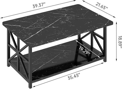 AWQM Faux Marble Coffee Table for Living Room,Modern 2-Tier Coffee Table with Storage,Rectangular Center Table for Sofa,Sturdy Frame,Black