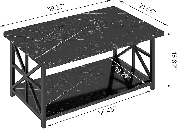 AWQM Faux Marble Coffee Table for Living Room,Modern 2-Tier Coffee Table with Storage,Rectangular Center Table for Sofa,Sturdy Frame,Black