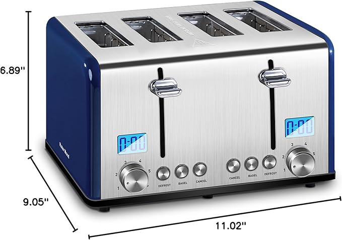 Roter Mond Countdown Stainless Steel 4 Slice Toaster with Bagel, Defrost, Cancel Function, Dual Toaster, Extra Wide Slots, 6 Shade Settings, Removable Crumb Trays, 1650W, Blue
