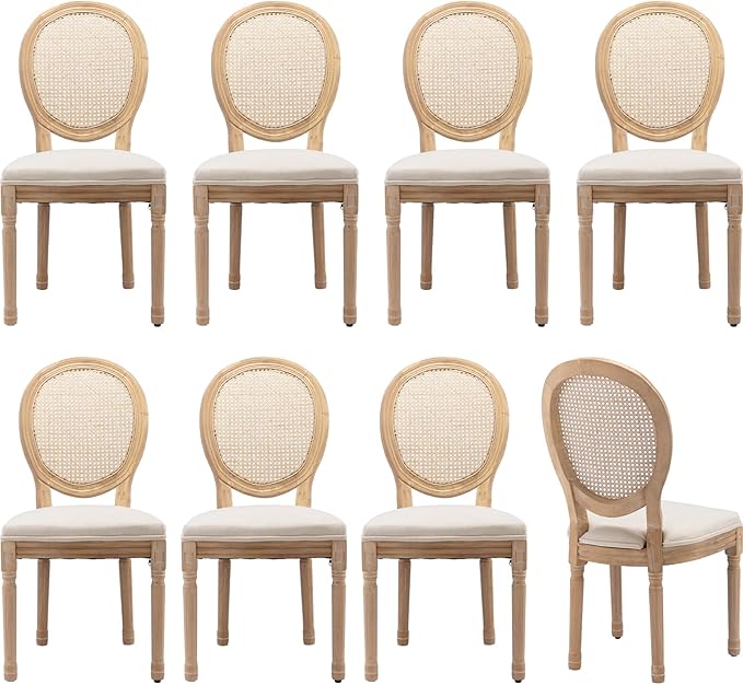 Vintage French Country Dining Room Chairs Set of 8, Rattan Dining Chairs with Solid Wood Legs, Beige Upholstered Dining Chair, Sillas para Comedor, Kitchen & Dining Room Chair (Beige, Rattan, 8Pcs)