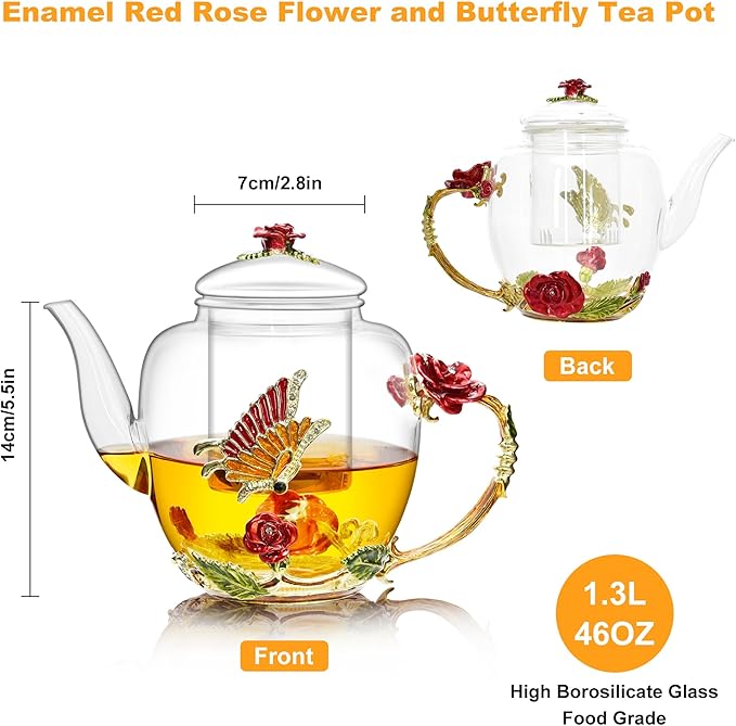 46oz/1300ml Large Enamel Teapot With Infuser,Floral Glass Teapot With Red Rose Flower Butterfly,Removable Infuser For Blooming Tea,Loose Leaf Tea,Fruit Tea,Tea Bag