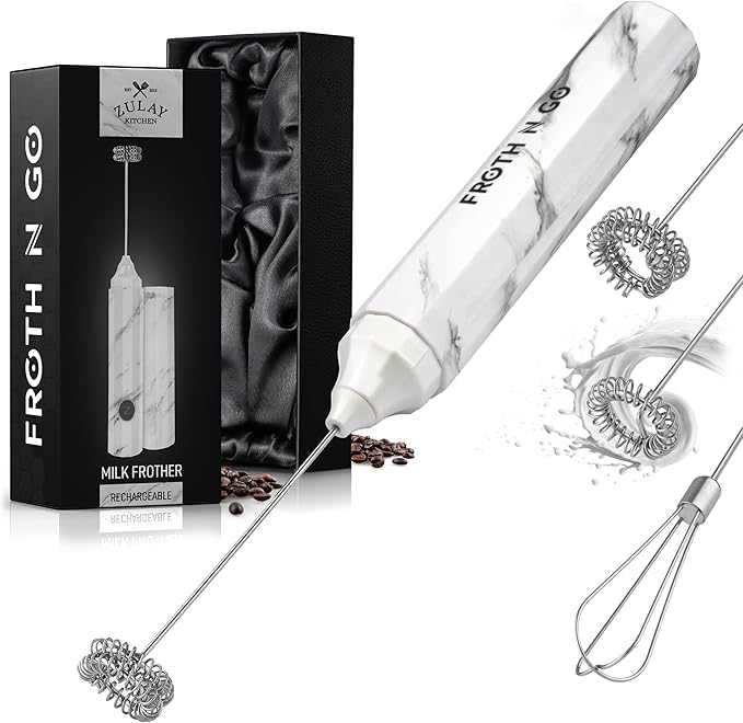 Zulay Kitchen FrothMate Powerful Milk Frother Portable & Compact Handheld Foam Maker Lattes, Cappuccinos (Marble, Froth N Go)