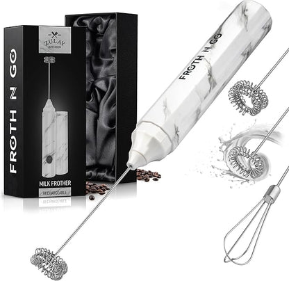 Zulay Kitchen FrothMate Powerful Milk Frother Portable & Compact Handheld Foam Maker Lattes, Cappuccinos (Marble, Froth N Go)