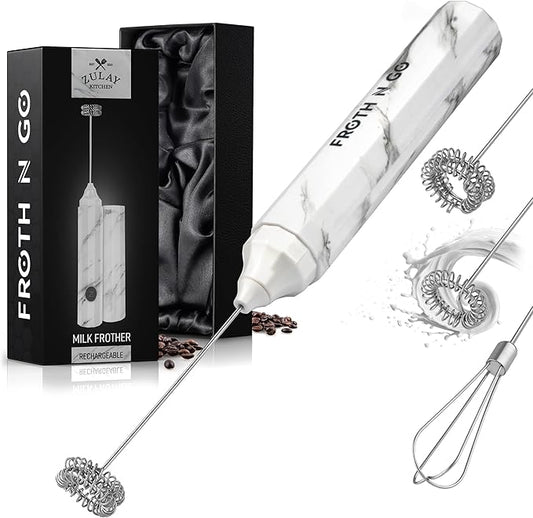 Zulay Kitchen FrothMate Powerful Milk Frother Portable & Compact Handheld Foam Maker Lattes, Cappuccinos (Marble, Froth N Go)