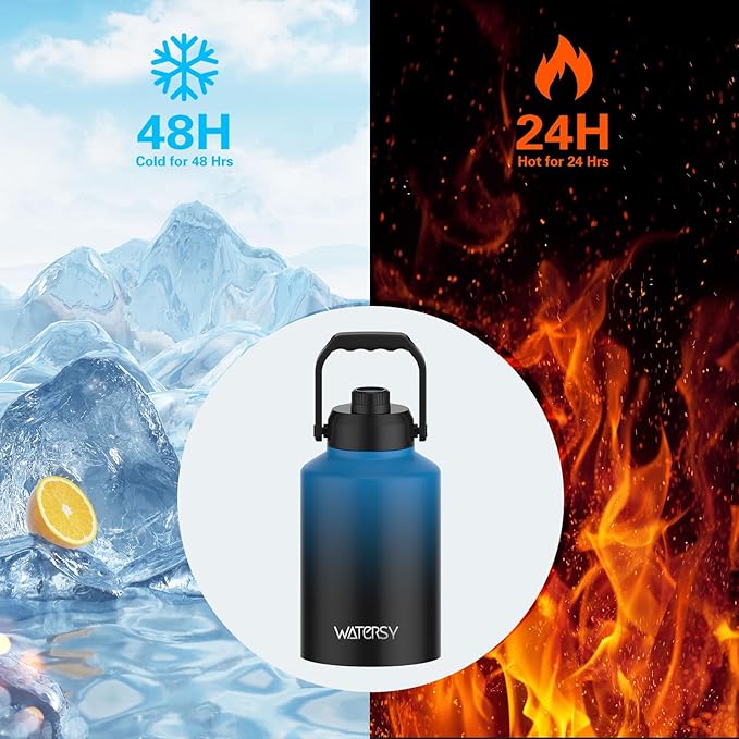 Half Gallon Water Bottle Insulated(Cold for 48 Hrs),BPA Free&Leak Proof,64oz Stainless Steel Water Jug/Flask,Big thermo,Large Water Bottle with Handle for Gym,Hiking,Camping,Gradient Blue