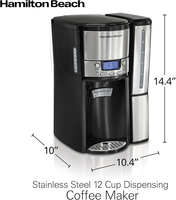 Hamilton Beach One Press Programmable Dispensing 12 Cup Coffee Maker with Internal Coffee Pot, Stays Warm and Fresh for Hours, 60 oz. Removable Reservoir, Black & Stainless Steel (47950)