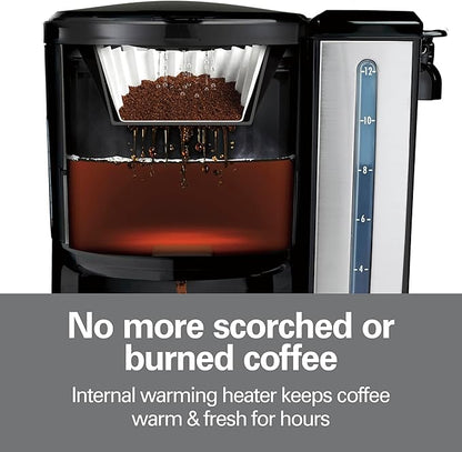 Hamilton Beach One Press Programmable Dispensing 12 Cup Coffee Maker with Internal Coffee Pot, Stays Warm and Fresh for Hours, 60 oz. Removable Reservoir, Black & Stainless Steel (47950)