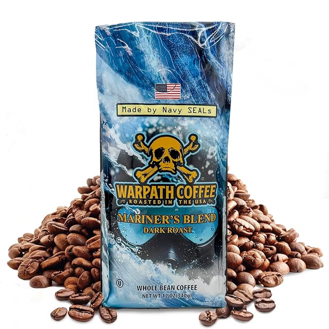 Warpath Coffee Dark Roast Whole Bean Coffee, Mariner's Blend, High Caffeine, Extra Strong Roasted 100% Arabica Coffee Beans Whole, Rich Aroma, Full-Bodied Intense Cup, Created by Navy SEALs, 12oz