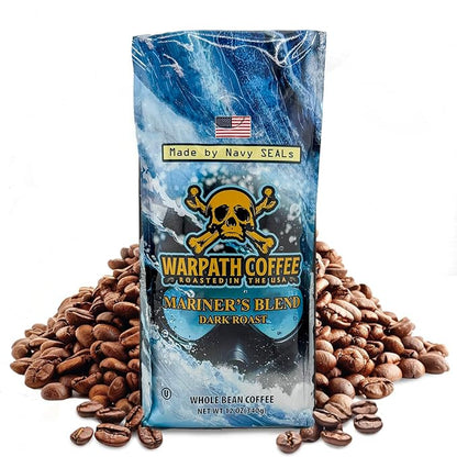 Warpath Coffee Dark Roast Whole Bean Coffee, Mariner's Blend, High Caffeine, Extra Strong Roasted 100% Arabica Coffee Beans Whole, Rich Aroma, Full-Bodied Intense Cup, Created by Navy SEALs, 12oz