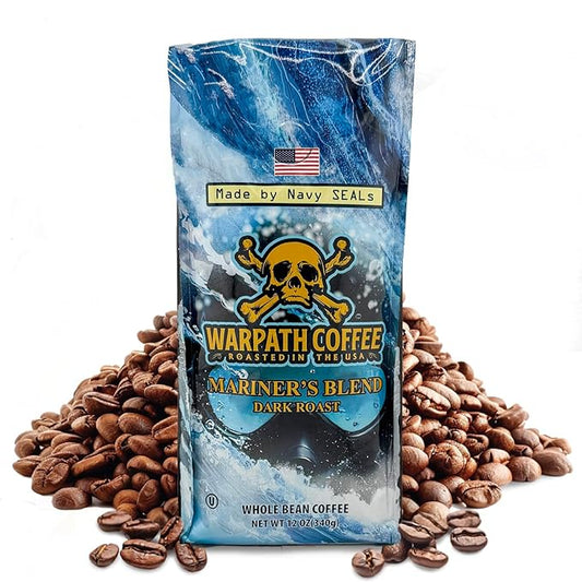 Warpath Coffee Dark Roast Whole Bean Coffee, Mariner's Blend, High Caffeine, Extra Strong Roasted 100% Arabica Coffee Beans Whole, Rich Aroma, Full-Bodied Intense Cup, Created by Navy SEALs, 12oz