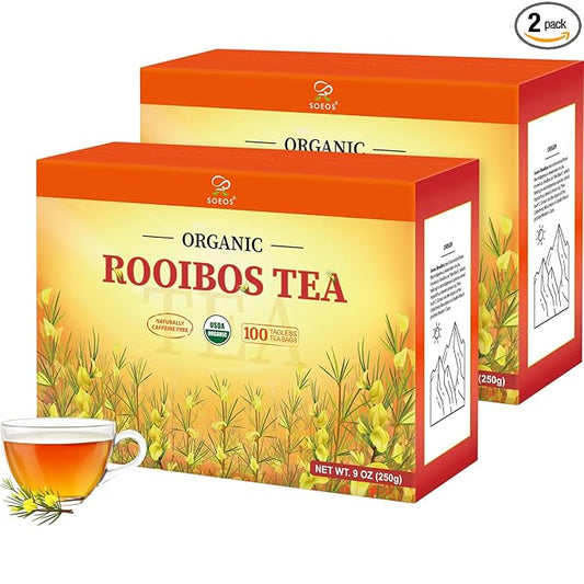 Soeos Organic Rooibos Tea, 200 Teabags (2 Packs), Naturally Caffeine Free, USDA and Non GMO Certify, Smooth and Robust Flavor, Excellent for Hot or Iced Brew, 18oz (500g)
