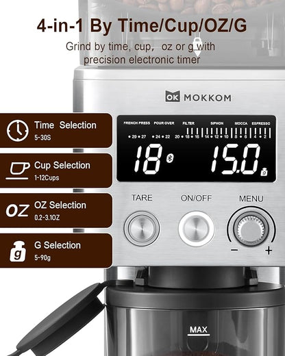 MOKKOM Coffee Grinder with Removable Coffee Scale via Bluetooth Connectivity, Anti-static Conical Burr Coffee Bean Grinder, 31 Precise Settings for French Press/Cold Brew/Pour Over/Drip/Espresso