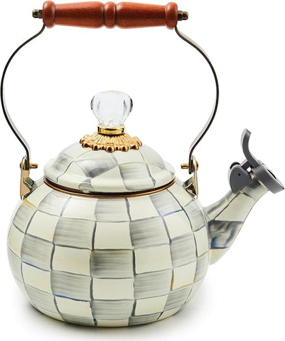 MACKENZIE-CHILDS Enamel Whistling Tea Kettle, Decorative Teapot for Stovetop, Gray-and-White Sterling Check