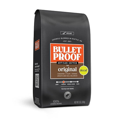 Bulletproof Original Medium Roast Ground Decaf Coffee, 12 Ounces, 100% Arabica Coffee, Clean Coffee Tested for Toxins, Packaging May Vary