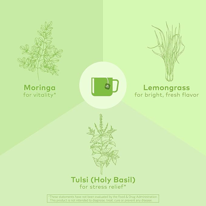 ORGANIC INDIA Tulsi Moringa Tea Bags - Holy Basil, Lemongrass, Moringa Leaves, Stress Relieving & Nourishing, Immune Support Tea, Vegan, Certified Organic, Caffeine-Free - 18 Infusion Bags, 6 Pack