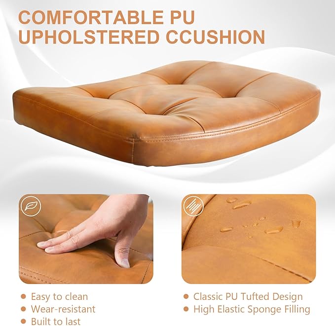 Rattan Office Chairs, Modern Rattan Desk Chair with Natural Back & Wood Armrest, Small Upholstered Tufted Leather Home Office Desk Chairs for Home Ofice, Bedroom, Study, Brown