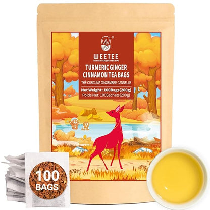 WT WEETEE Turmeric Ginger Cinnamon Tea Bags, Warm & Spicy Turmeric Ginger Herbal Blend Tea, Rich in Antioxidant, Natural Ingredients, Caffeine-free