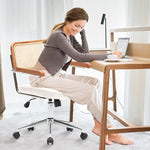 Load image into Gallery viewer, Rattan Office Chairs, Modern Rattan Desk Chair with Natural Back &amp; Wood Armrest, Small Upholstered Tufted Leather Home Office Desk Chairs for Home Office, Bedroom, Study, White