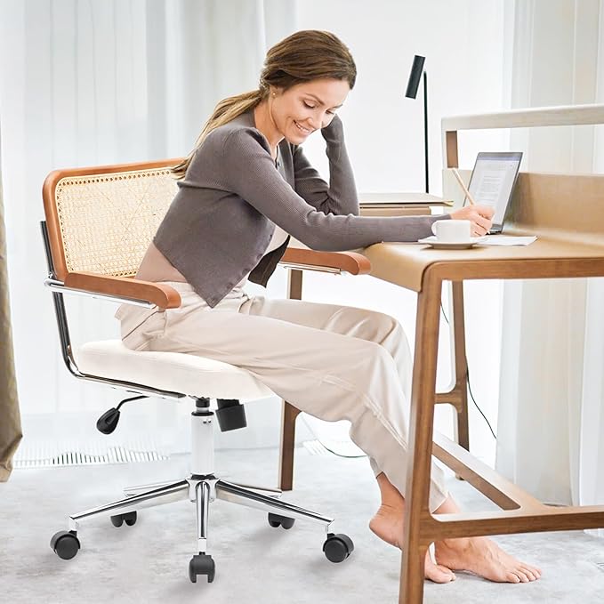 Rattan Office Chairs, Modern Rattan Desk Chair with Natural Back & Wood Armrest, Small Upholstered Tufted Leather Home Office Desk Chairs for Home Office, Bedroom, Study, White