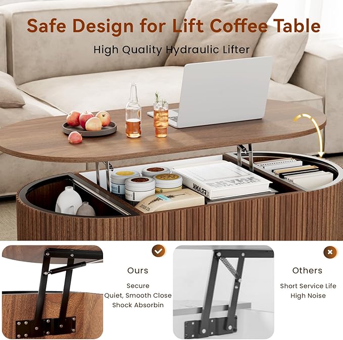 BREEZEHEAT Fluted Lift Top Coffee Table, 39" Mid Century Modern Coffee Table, Hidden Compartment & Fully Assembled Centre Table Oval Lift Tabletop for Living Room, Small Space, Home Office, Walnut