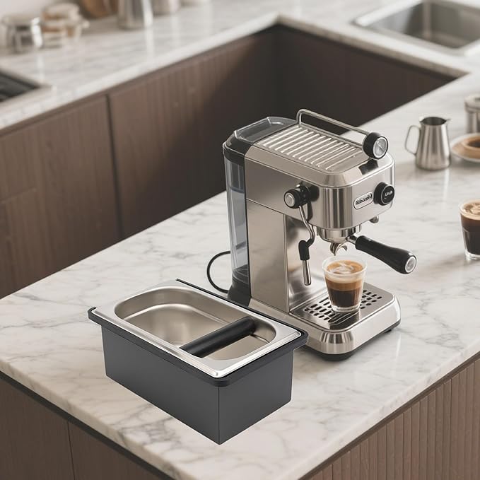 Espresso Knock Box, Coffee Knock Box for Espresso Grounds Disposal, Large Capacity, Equipped with Noise, Reduction Rubber Ring & Steel Holder, Ideal Tool for Espresso Machines, Black (Large)