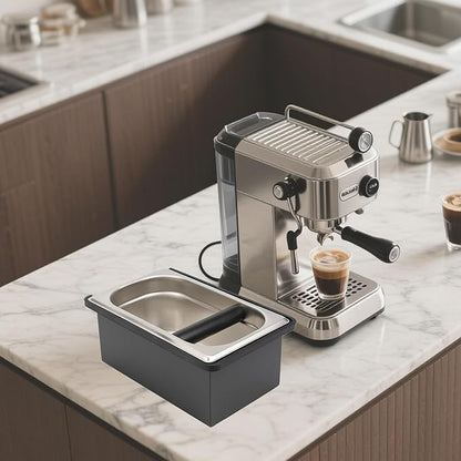 Espresso Knock Box, Coffee Knock Box for Espresso Grounds Disposal, Large Capacity, Equipped with Noise, Reduction Rubber Ring & Steel Holder, Ideal Tool for Espresso Machines, Black (Large)