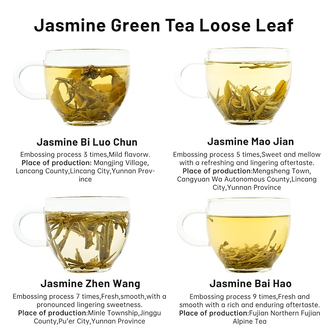 iTeaworld Jasmine Green Tea Loose Leaf Samplers Set, With Different Flowery Aromas, No Sweetener, Sweet After Taste, 4 Different Grades of Jasmine Tea Loose Leaf, 16 Pack/56g